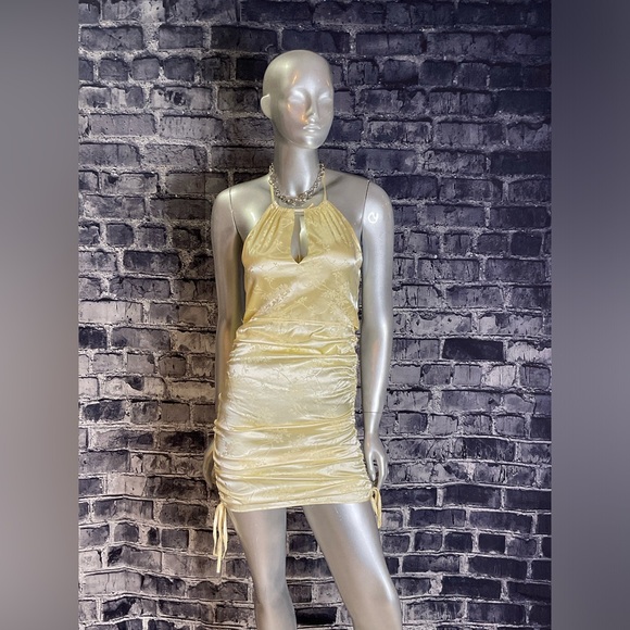 Yellow Satin Brocade Mini Bodycon Summer Dress - Picture 2 of 16